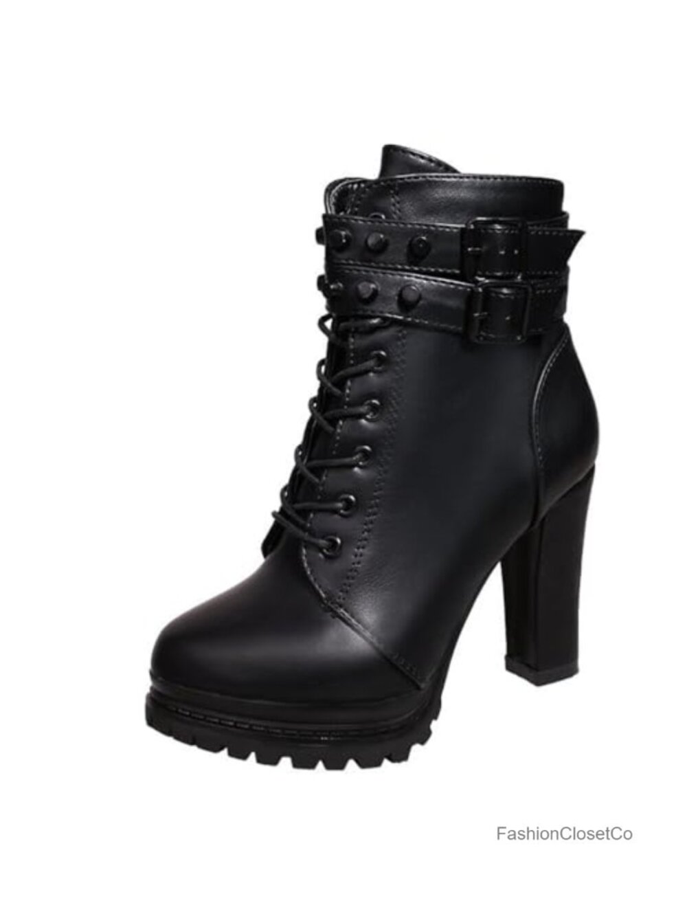 Faux Leather Double Buckle & Rivet Block Heel Ankle Boots GOTH Motorcycle Boots